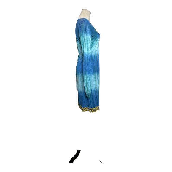 Hale Bob  Blue Yellow Tie Dye Long Sleeve Beaded Jersey Dress Size Small - Picture 4 of 13